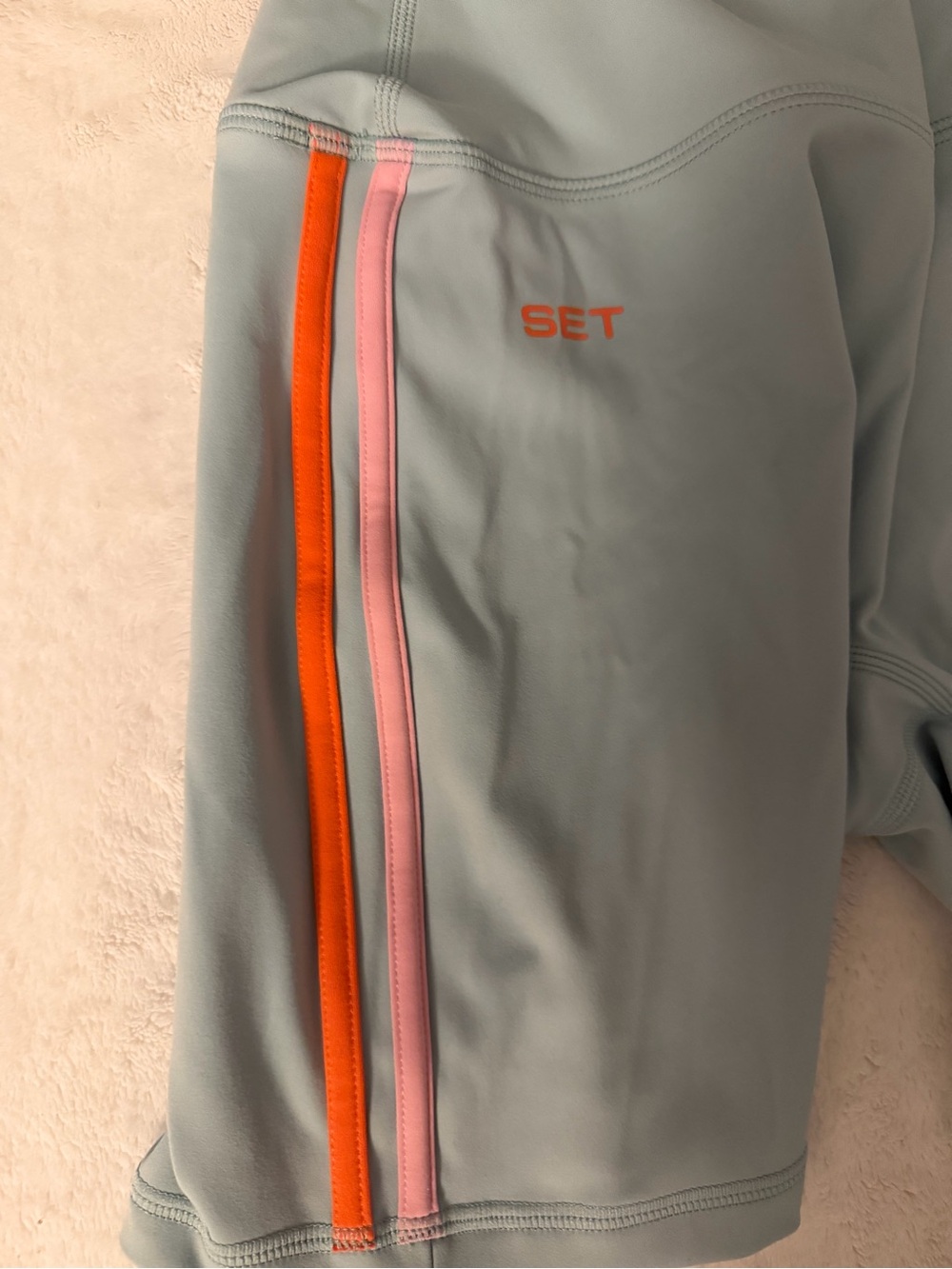NWT SET Active Light Blue Bike Shorts and Sports Bra with Pink and Orange Trim - Picture 4 of 12